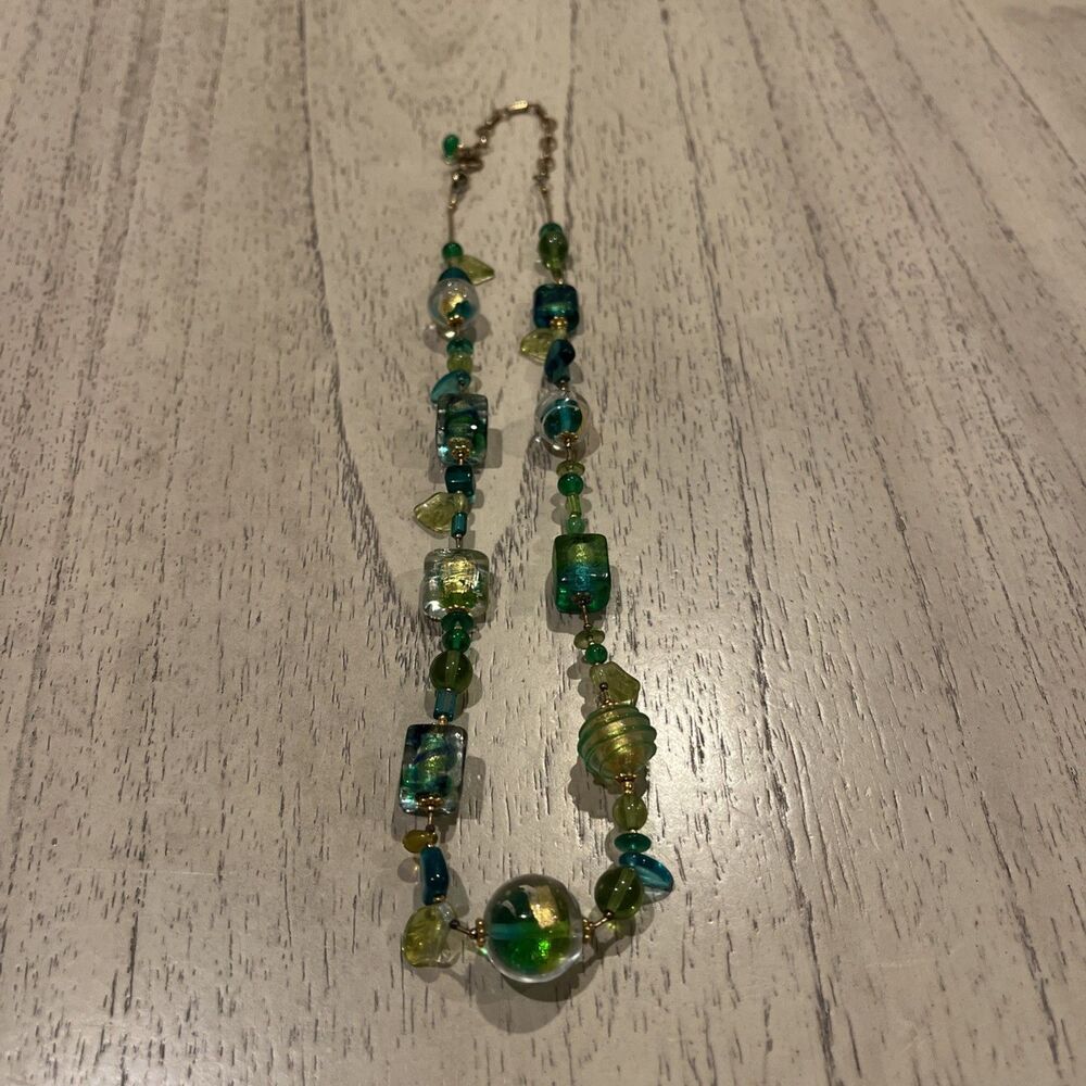 Murano Style Glass Beaded Necklace W/Gold Metal Hardware 20” L